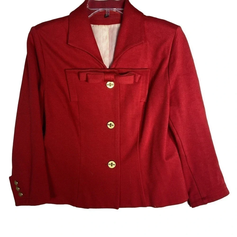 Cabi Red Blazer Jacket Women Sz 6 Bow Gold Buttons